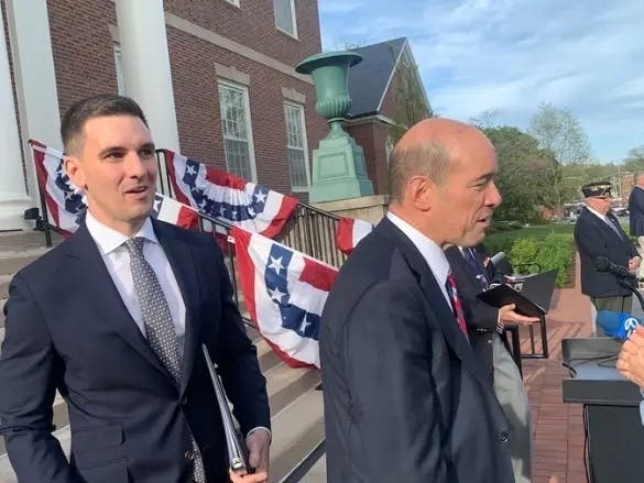 Greg Hart (left) is seen in May 2025 before his inauguration as Hinsdale's village president.