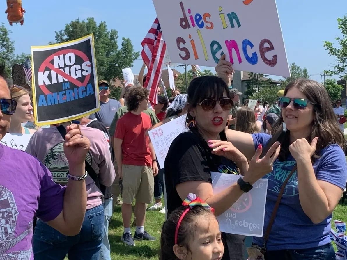 Hundreds take part in a No Kings demonstration in summer 2025 in Elmhurst.