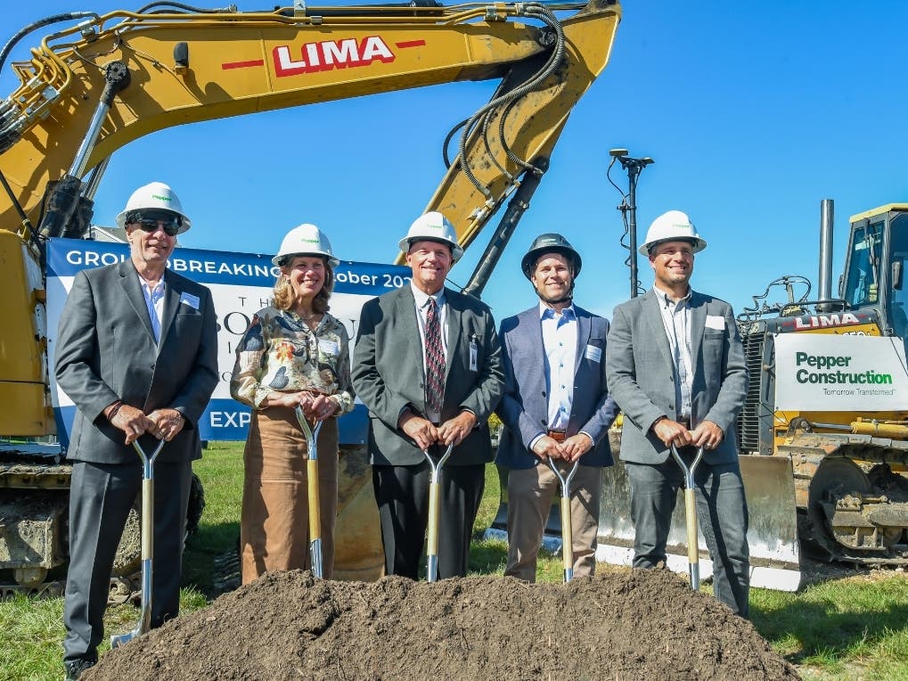 At the recent Plymouth Place groundbreaking are (from left) La Grange Park President Jim Discipio, Plymouth Place board chair Mary Pat Flaherty, Plymouth Place CEO Jay Biere, Pepper Construction's Steve Brouwer and AG Architecture's Eric Harrmann. 