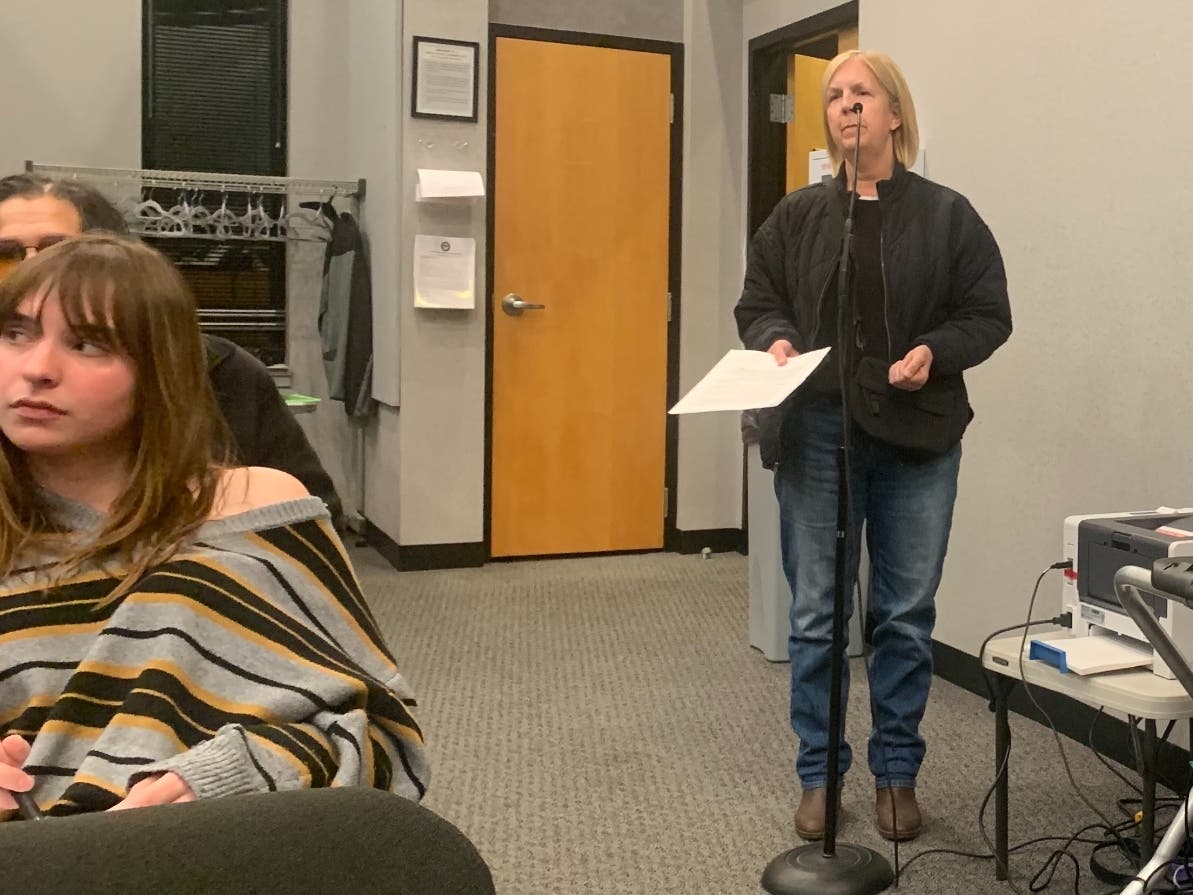 Barbara Lonergan of the Elmhurst Cool Cities Coalition speaks Monday about tree loss in Elmhurst. She urged action to reverse the trend. 