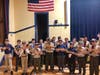 Arrow of Light Recipients Alex DeLorenzo, Ryan Dooley, Alex Ege, Asher Holland, Justin Lambert, Sam Strzelec, Shaayan Tiwari, and Darren Wu with their new brothers of Troop 17.
