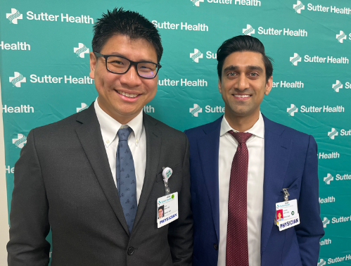 Kun “Woody” Xiao, M.D., medical oncologist, (left) and Rajbir Sidhu, M.D., Cardiology, (right) both of Sutter East Bay Medical Group, celebrated the new site's opening.
