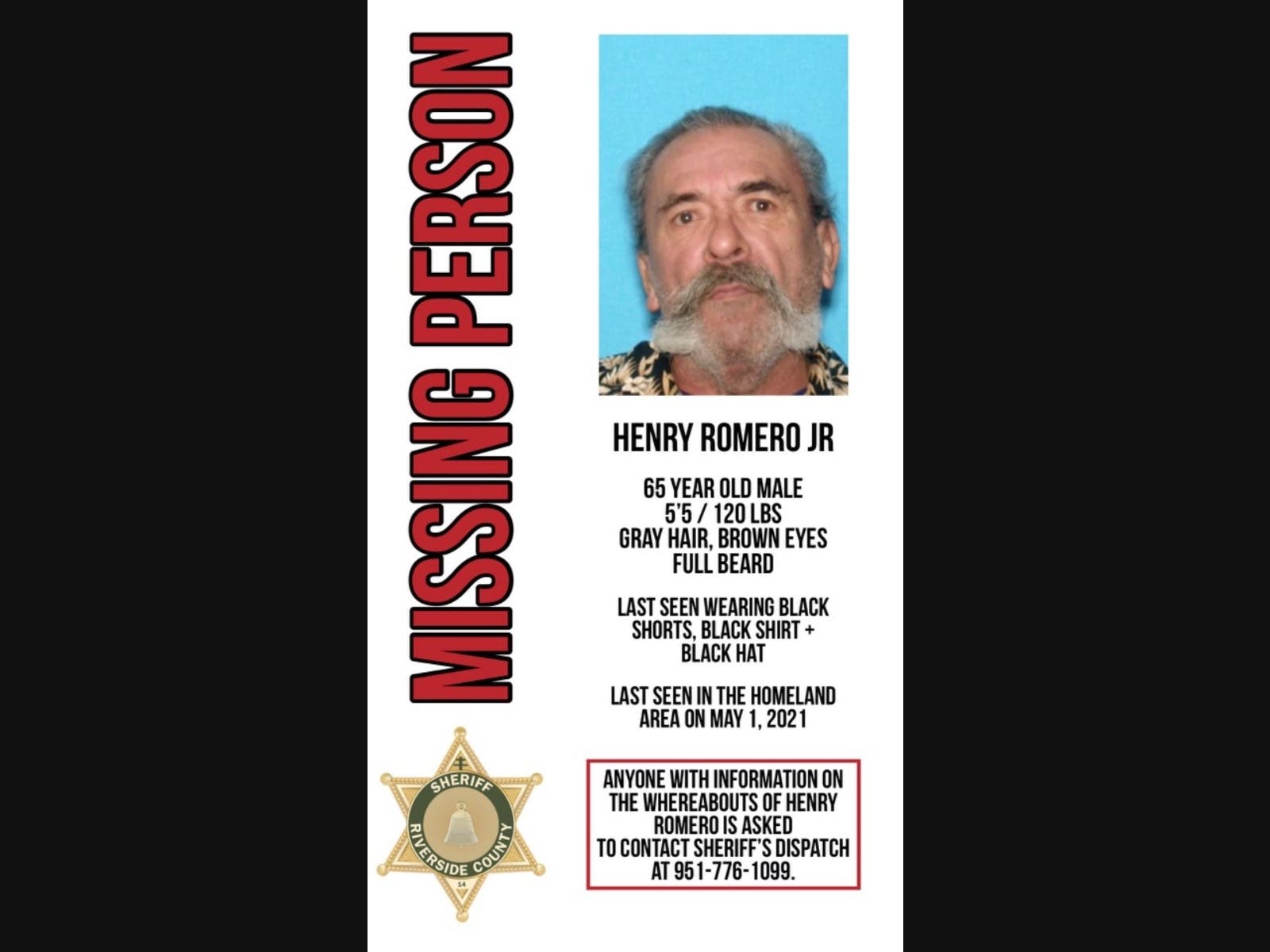 Sheriff's flyer of missing man Henry Romero Jr.