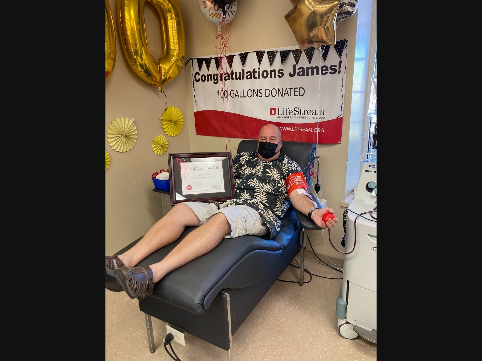 James Tate reaches 100-gallon donor milestone on Friday, Dec. 17.