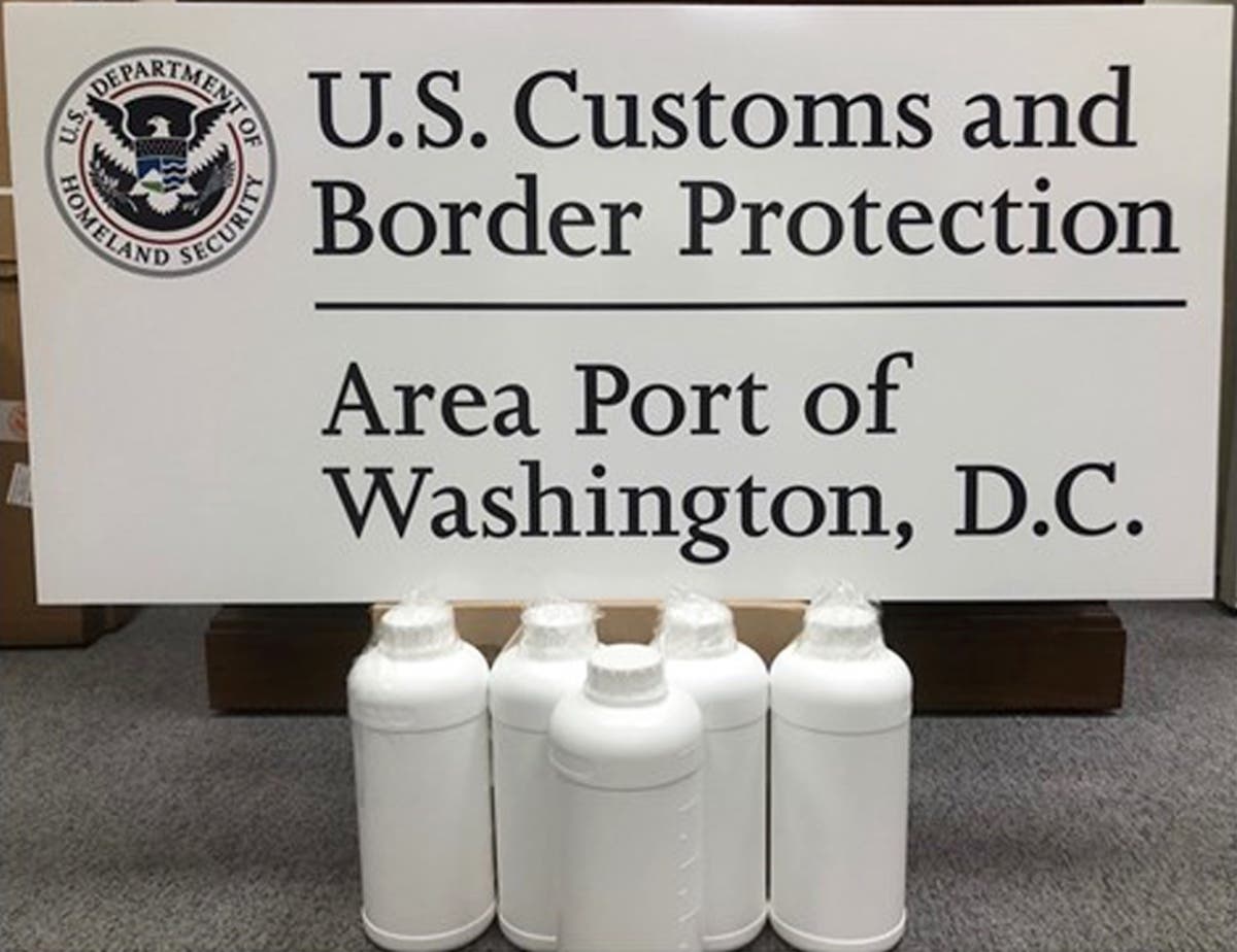 Customs and Border Protection officers seized more than 13 pounds of gamma-butyrolactone (GBL) at Washington Dulles International Airport March 2, 2020 that was being shipped from Shanghai, China to Los Angeles. 