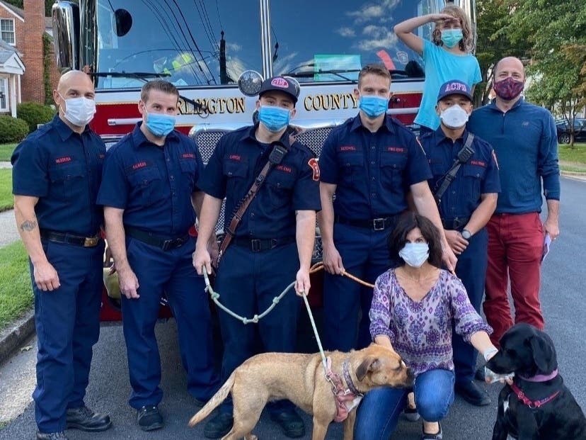 Crew members of Engine 110 were reunited with Sonny, a dog they rescued from under a vehicle in August. 