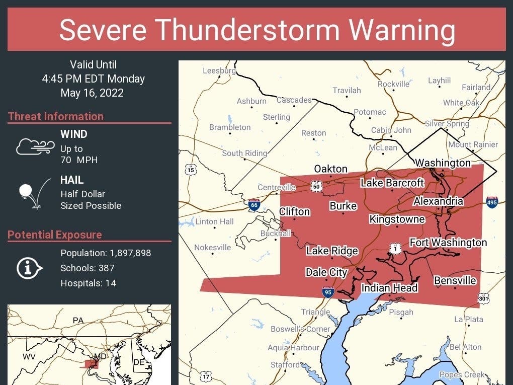 Severe Thunderstorm Warning Issued For NoVA DC; 70 MPH Winds Possible ...