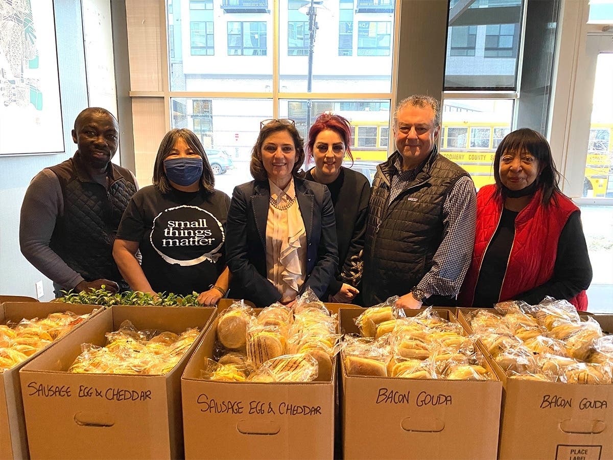 From left are Eric Yeboah, Roxanne Yamashita, Kate Stewart, Naz Movagher, Rob Grimes and Doris Duarte, who were on hand for the donation of 400 sandwiches last Thursday to Small Things Matter.
