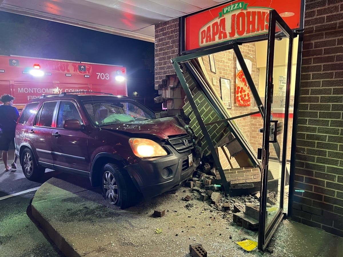 A vehicle collided with a Papa Johns restaurant on Frederick Avenue in Rockville on Tuesday night.