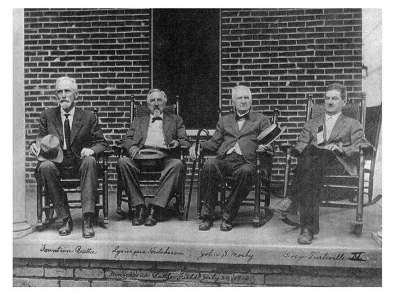 Lycurgus Hutchison (second from left) at a 1914 Civil War Manassas reunion with Col. John S. Mosby (second from right).