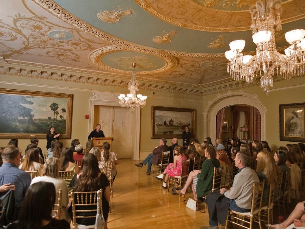 Craig Woelfel, dean of academic life at Flagler College, delivers remarks during a ceremony recognizing students who earned President's List honors for the Fall 2023 semester.