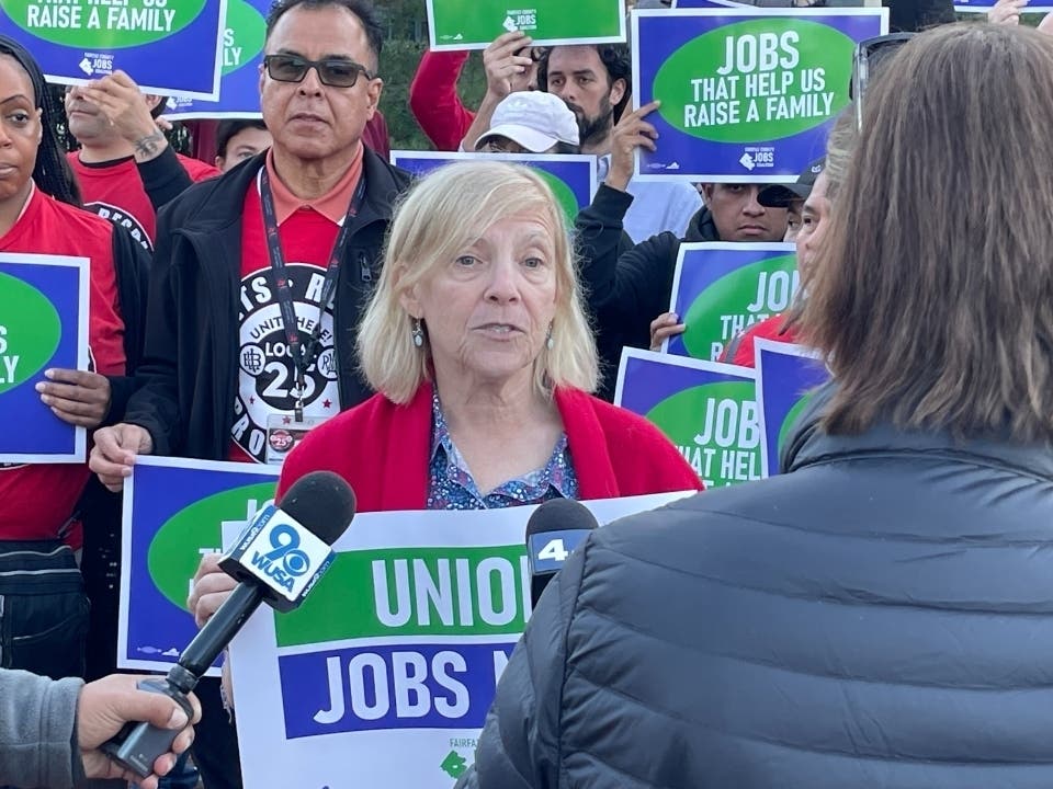 Virginia Diamond is CEO president of the Northern Virginia Labor Federation, AFL-CIO, which has an agreement with the developer behind the proposed Tysons casino project. She is shown here during a 2024 rally for the casino project.