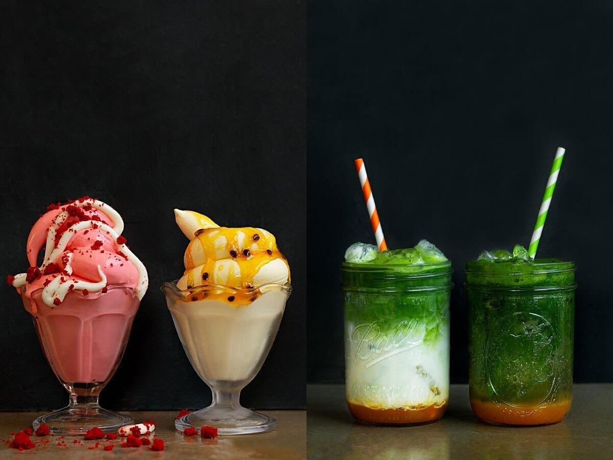Throughout February, sip Valentine's Day-inspired flavors, including, from left, Red Velvet Cake Gelato, Passionfruit Mousse Gelato, Passionfruit Szechuan Matcha, and Passion Matcha Soda.