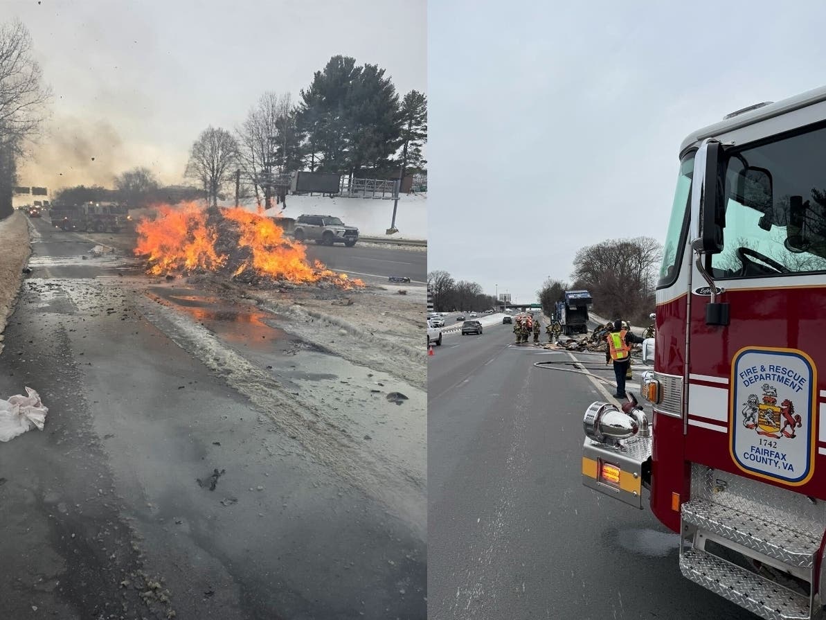 Westbound Route 50 was temporarily closed in Fair Oaks Tuesday as Fairfax County Fire and Rescue crews extinguished a burning garbage truck.