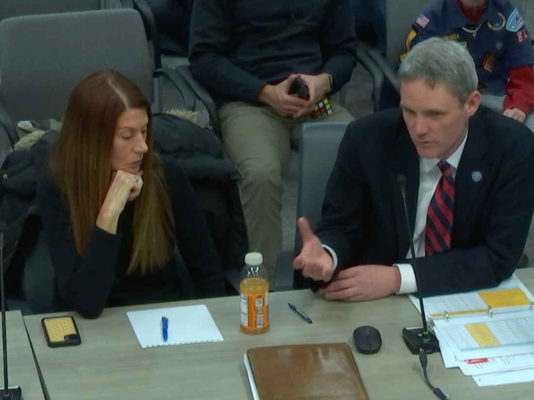 From left, City of Fairfax School Board Chair Carolyn Pitches and Superintendent Dr. Dustin Mitchell discuss the FY School Budget with the City Council during Tuesday night's work session at City Hall.