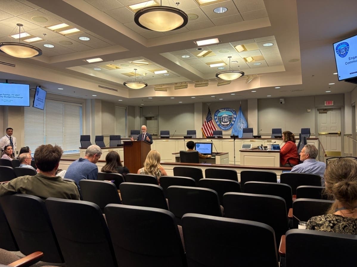 Fairfax City Manager Mike Alexander and Chief Financial Officer JC Martinez fielded questions from residents at City Hall and via Zoom about the FY 2027 budget on Thursday night.
