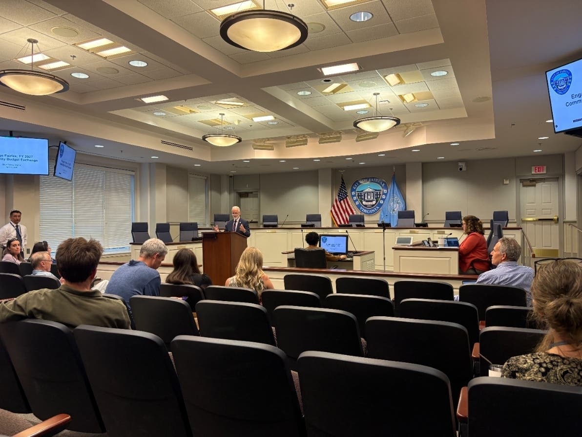 Fairfax City Manager Dan Alexander and Chief Financial Officer JC Martinez fielded questions from residents at City Hall and via Zoom during a public feedback session on the FY 2027 budget.