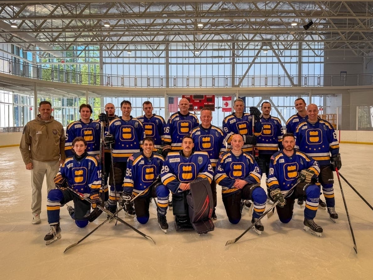 Teams representing Fairfax County's two public safety departments squared off in the Fifth Annual Battle of the Badges at Mount Vernon Ice Arena in Alexandria on Sunday. Shown here are members of the police department's team.