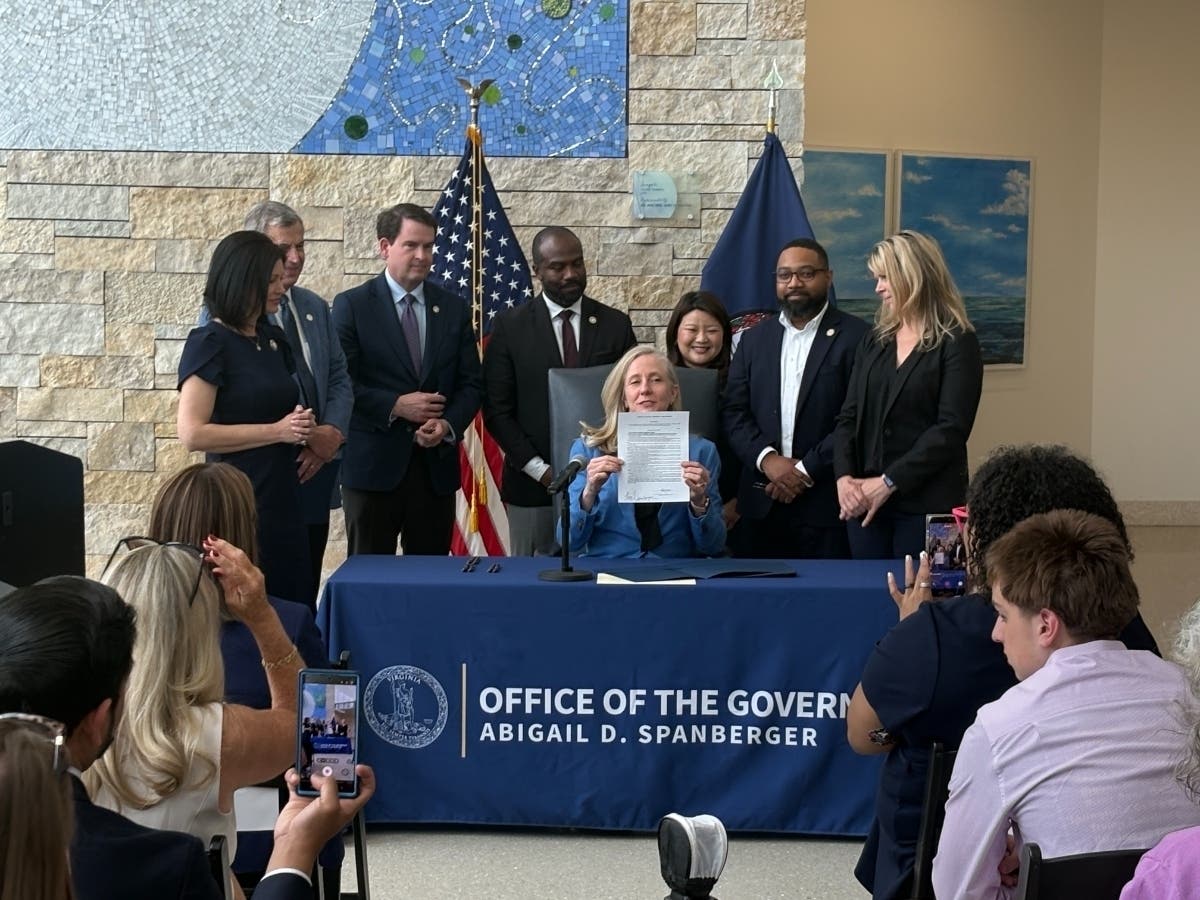 Gov. Abigail Spanberger (D) signs health care bills at Inova Schar Cancer Institute in Fairfax Wednesday, capping insulin costs and expanding coverage for Virginia patients.
