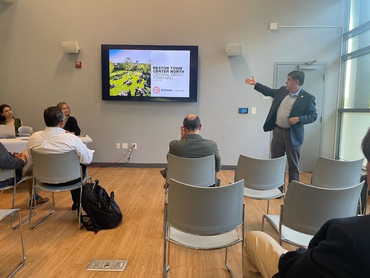 Supervisor Walter Alcorn (D-Hunter Mill) answers questions about the Reston Town Center North redevelopment plan during a June 17, 2024 town hall meeting at the North County Governmental Center.