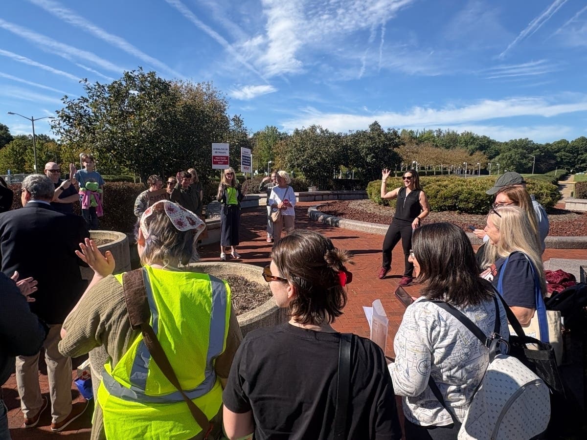 Hunter Mill District School Board Member Melanie Meren speaks to a group of Fairfax County residents during a Tuesday morning rally advocating for the Board of Supervisors to fund crossing guards at all of the county's high schools.