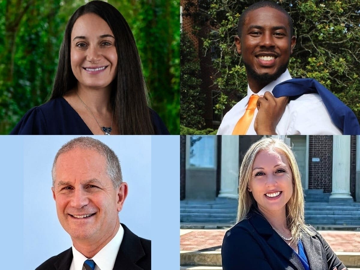 Clockwise from top left, Stacy Hall, Anthony Amos, and Rachel McQuillen are running for reelection to the Fairfax City Council, while Council Member Tom Peterson is running in the mayor's race.