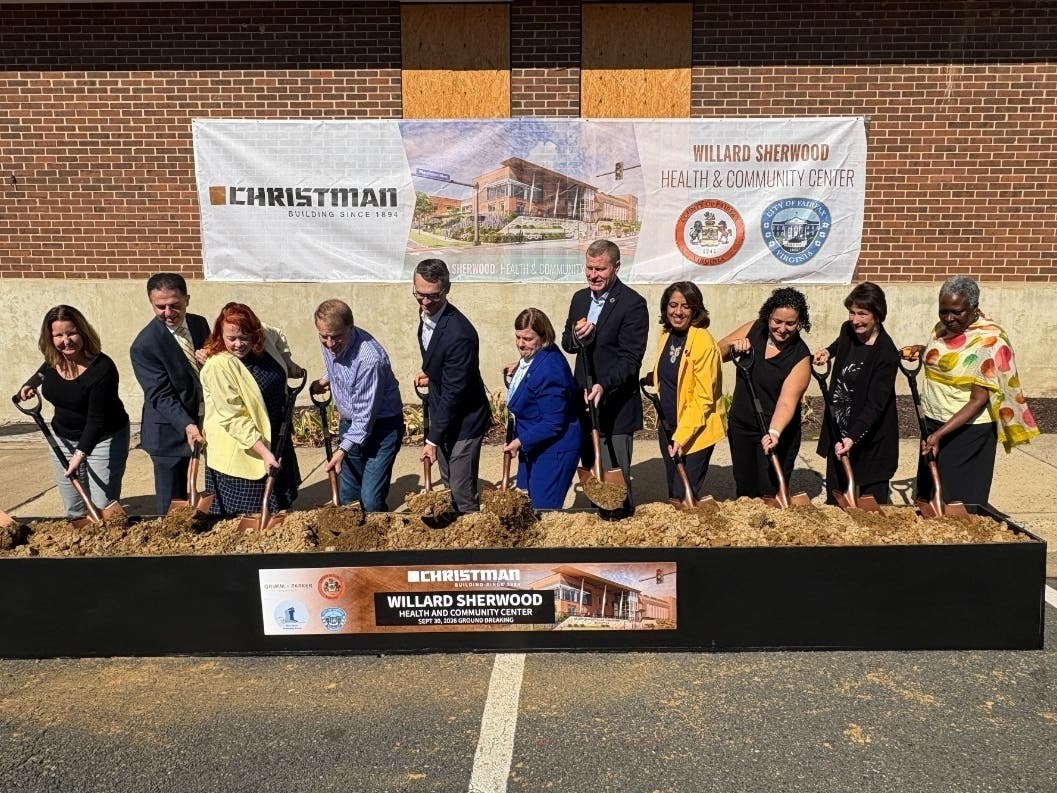 Elected and government officials participate in Wednesday's groundbreaking ceremony for the Williard-Sherwood Health and Community Center that will serve residents of both Fairfax City and Fairfax County.