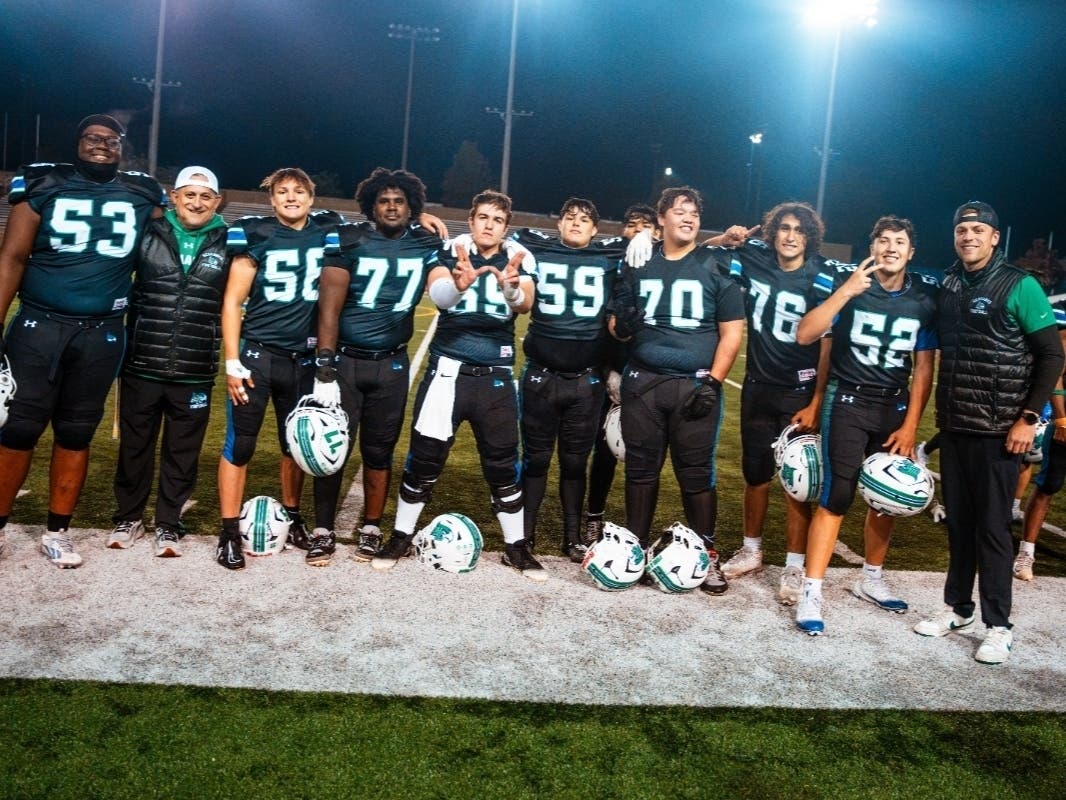 The present and future of the offensive line at South Lakes: (from left) Mason Turner, Teddy Gill, Aaron Deglel, Ender Alper-Pierce, Will Barton, Graham Nelson, Zayd Ali and Connor Soto.