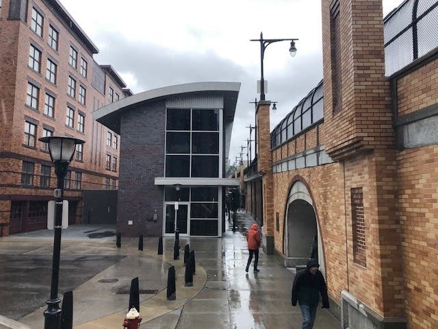 The Hoboken side of the 14th Street Viaduct, which takes cars and pedestrians up the county road to Union City and Jersey City Heights.