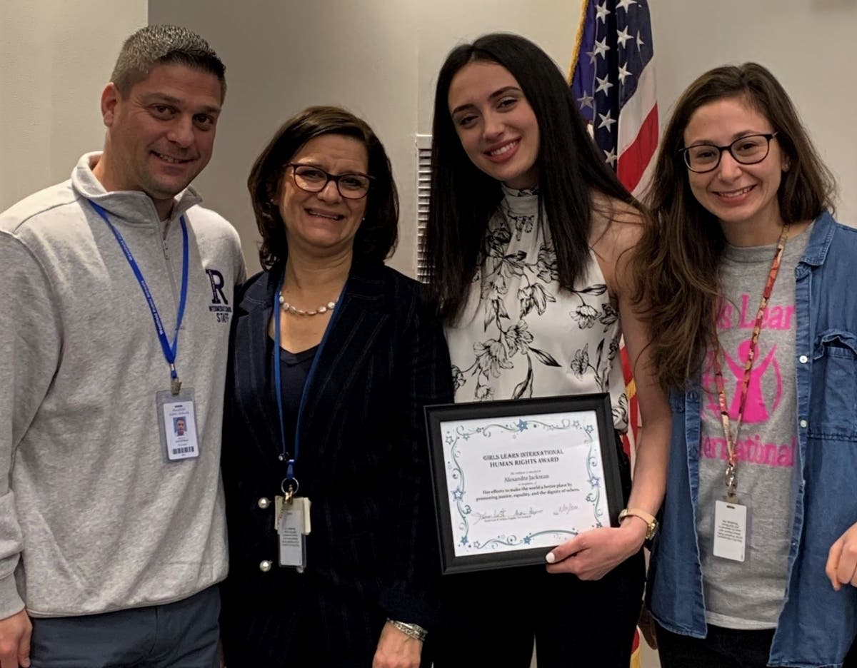 Westfield native Alexandra Jackman (third from left) was welcomed to Roosevelt Intermediate School by Principal Brian Gechtman and teachers Karen Lust and Andrea Poppiti.