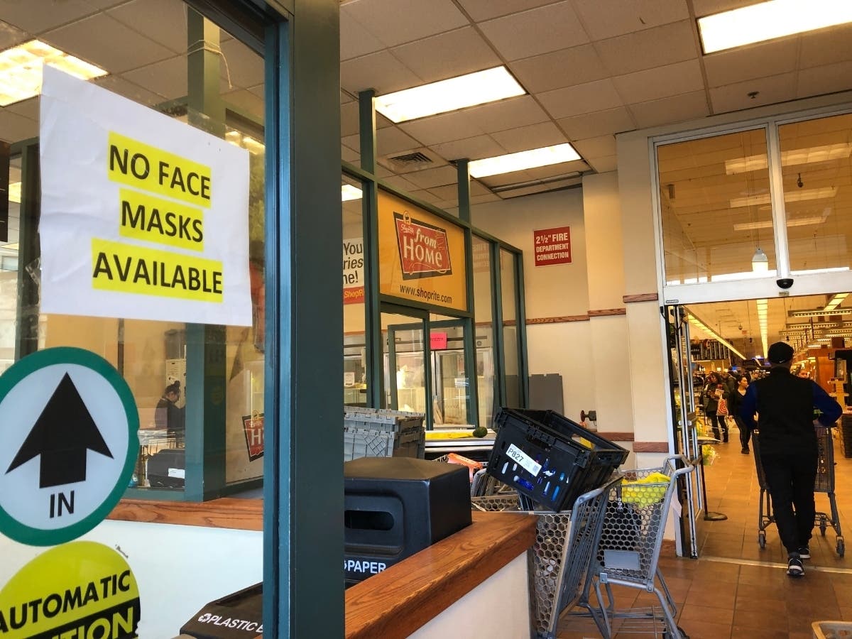 A sign in the Hoboken ShopRite on Sunday warned that no face makes were available. The store also posted signs limiting purchase of items like hand sanitizer to two per customer. Over the weekend, the schools and City Hall posted coronavirus updates.