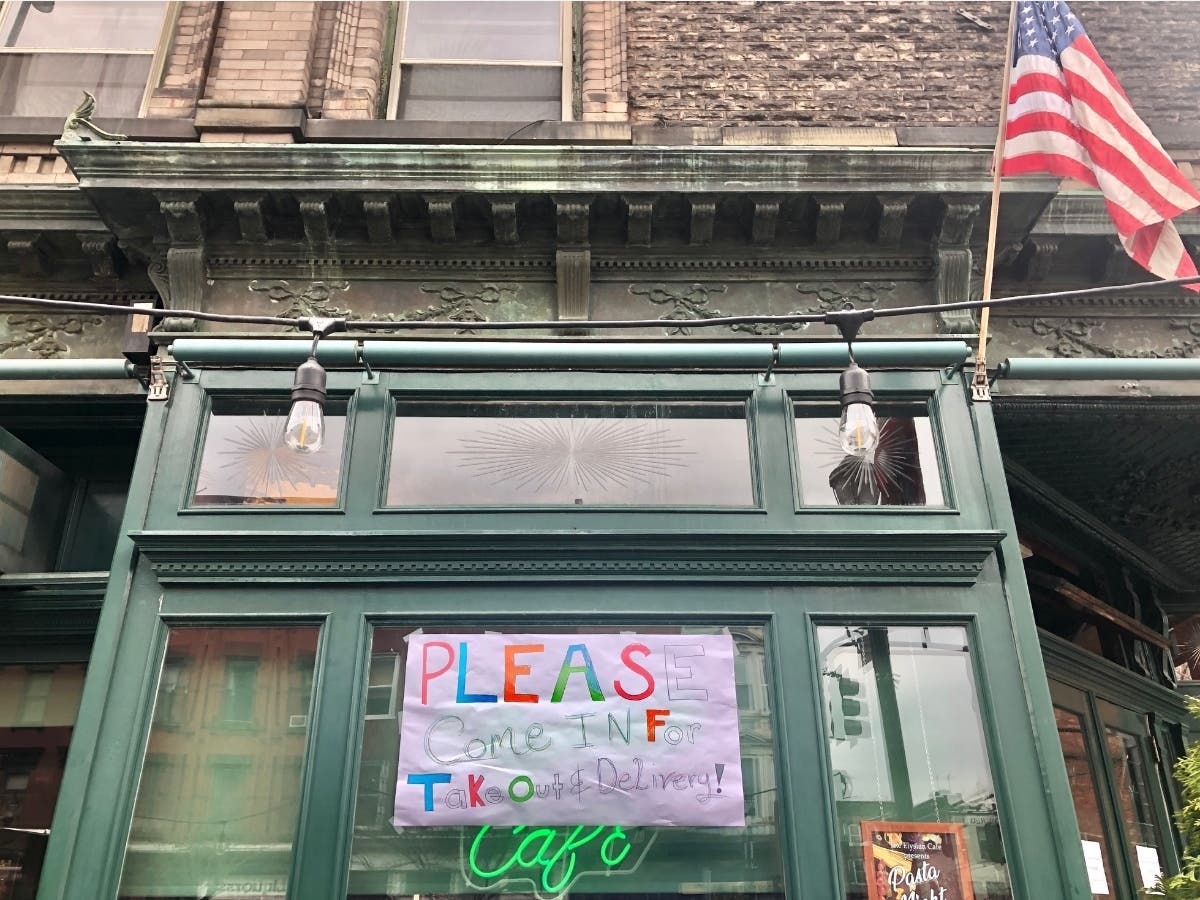 Hoboken will receive federal stimulus funds as it's considered a community on the front lines of the coronavirus outbreak. Pictured: A local restaurant offering delivery and takeout.