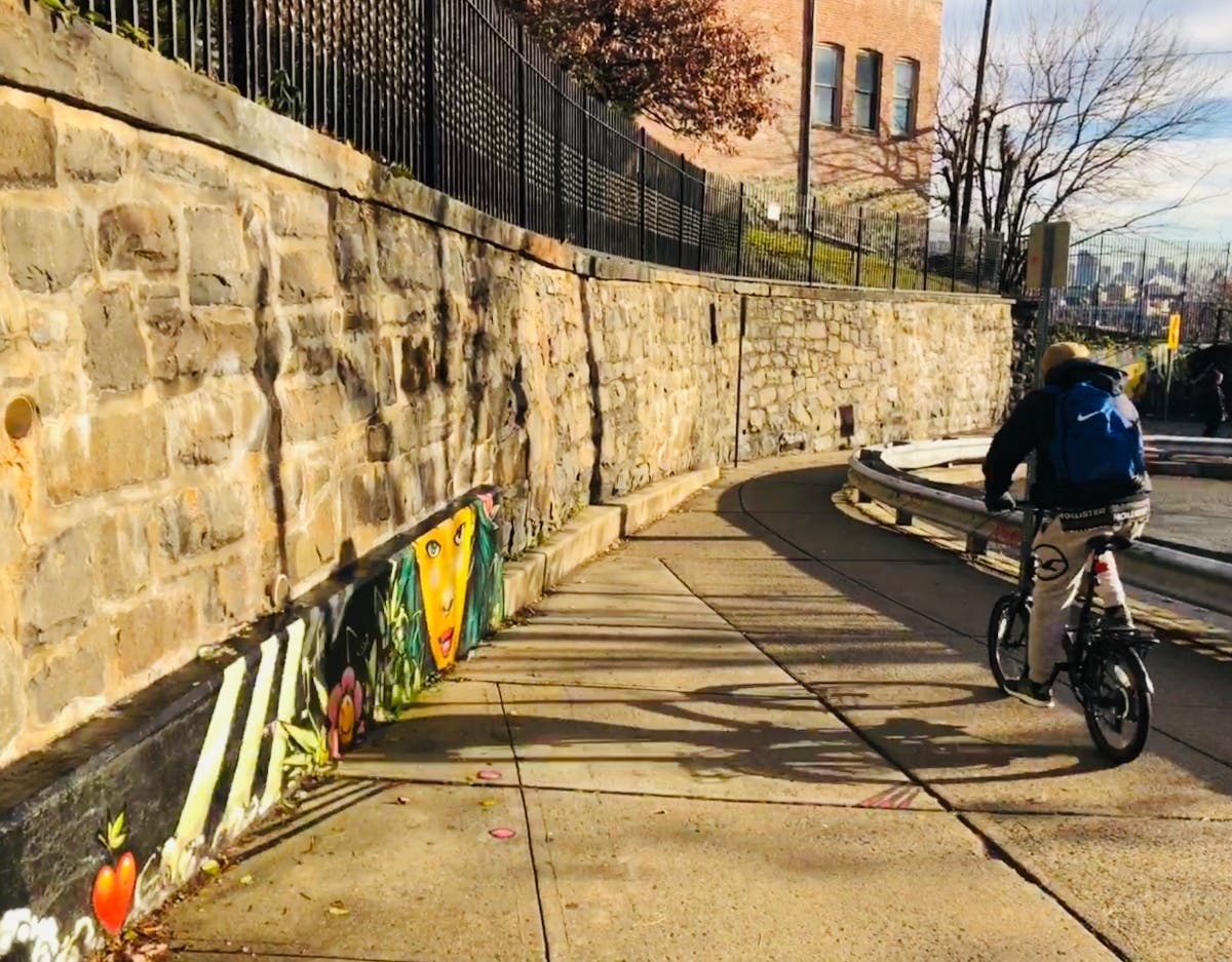A bicyclist heads from Hoboken up the  Palisade hills to Jersey City Heights.