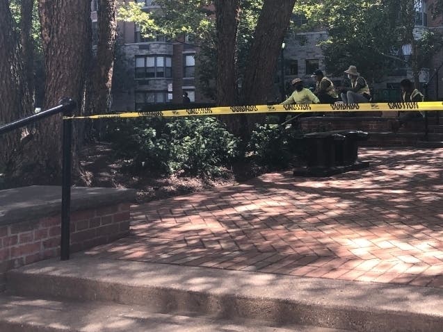 Workers were cleaning up the small park behind Kings Supermarket in the Shipyard in uptown Hoboken Wednesday.