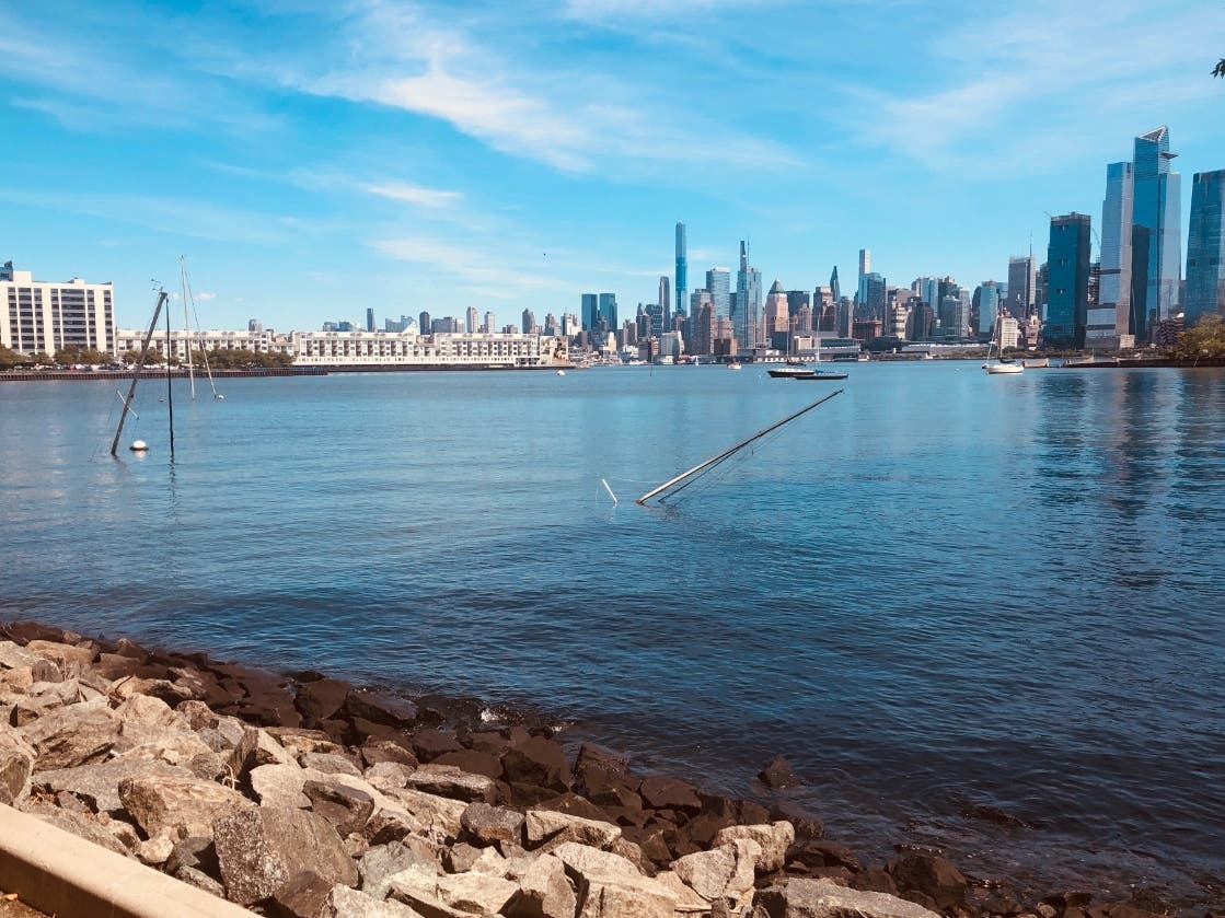The sunken sailboats in Weehawken Cove, off the Hoboken coast.