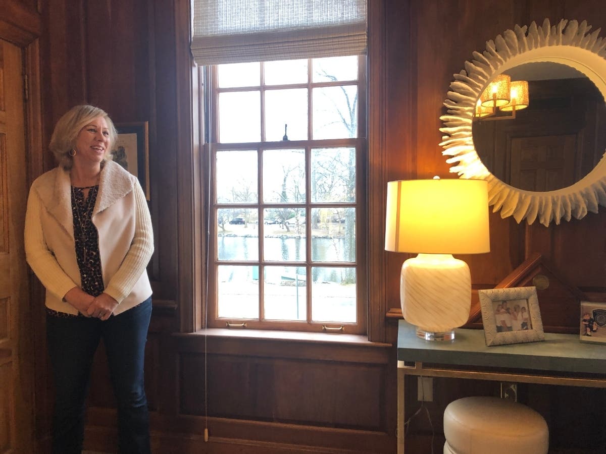 Mayor Shelley Brindle in her office last year, smiling because it was still February.