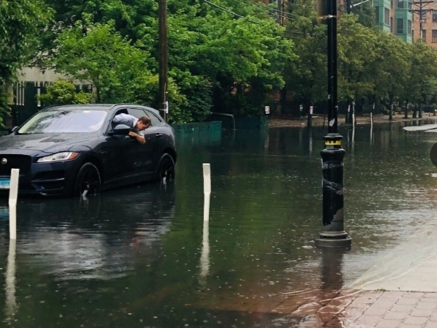 Forecasters predicted a heavy downpour for Wednesday afternoon. Here's the list of corners in Hoboken that flood most. Pictured: Flooding in Hoboken during a storm last summer.