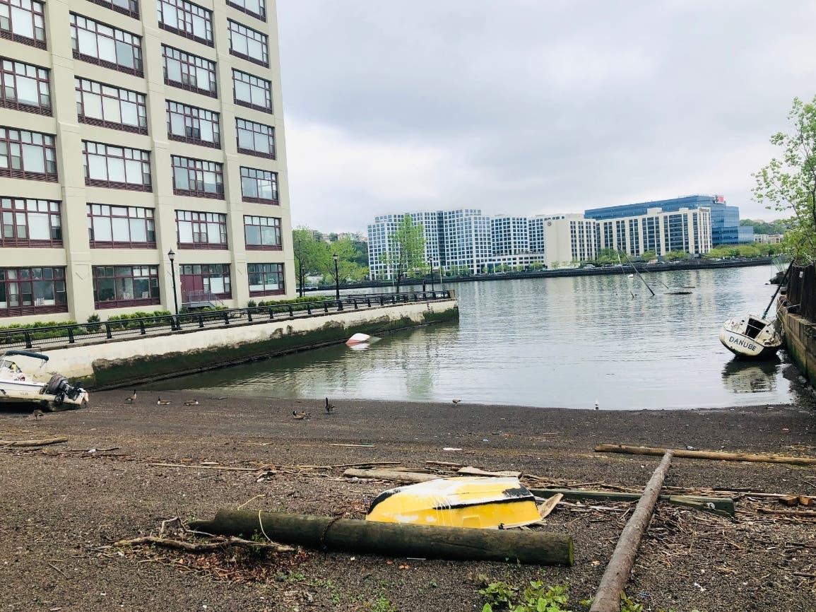 The city says their application is pending to remove 17 boats. Pictured: Hoboken's northern shore, facing Weehawken, earlier this month.