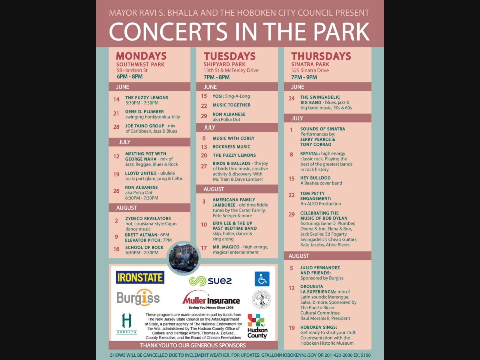 Hoboken has announced its summer 2021 schedule of free concerts, movies, and other events. Among them: Tributes to musical legends.