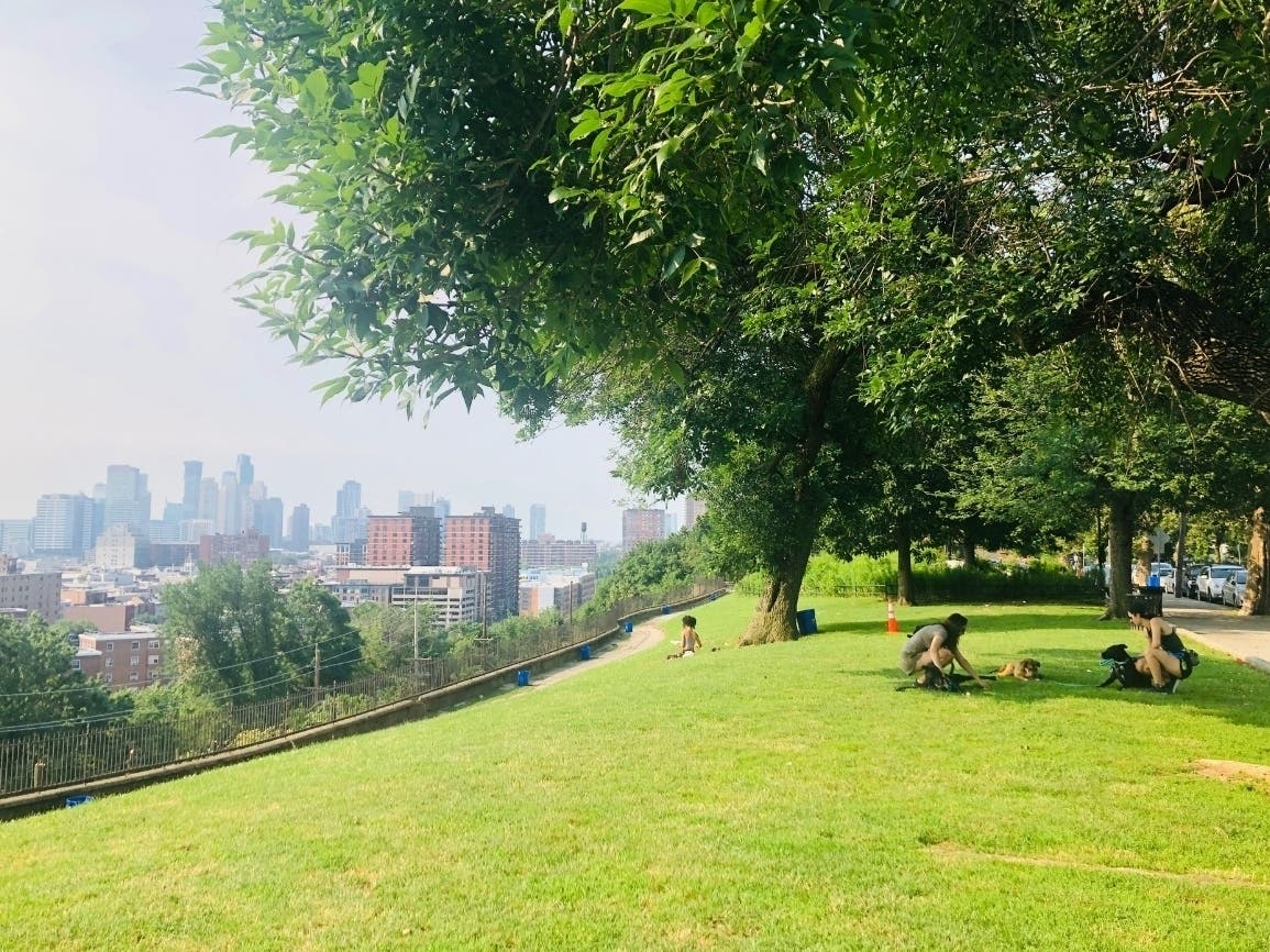 Riverview-Fisk Park in Jersey City Heights, overlooking Hoboken. NJ Transit said that for weekends in July and August, the elevator up and down the hill at the 9th Street Light Rail Station will be closed to replace louvers, or window slats.