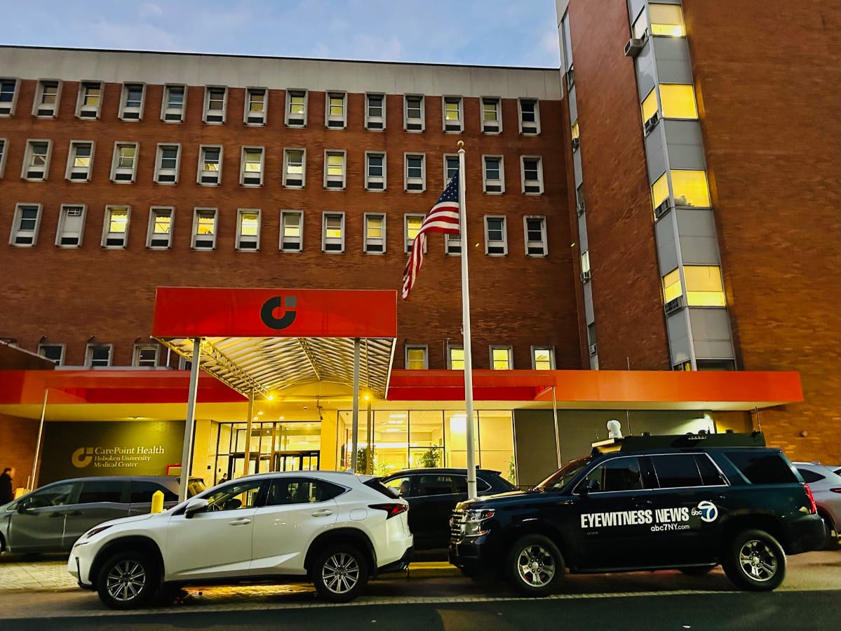 Hoboken's hospital on Tuesday, and a news van.