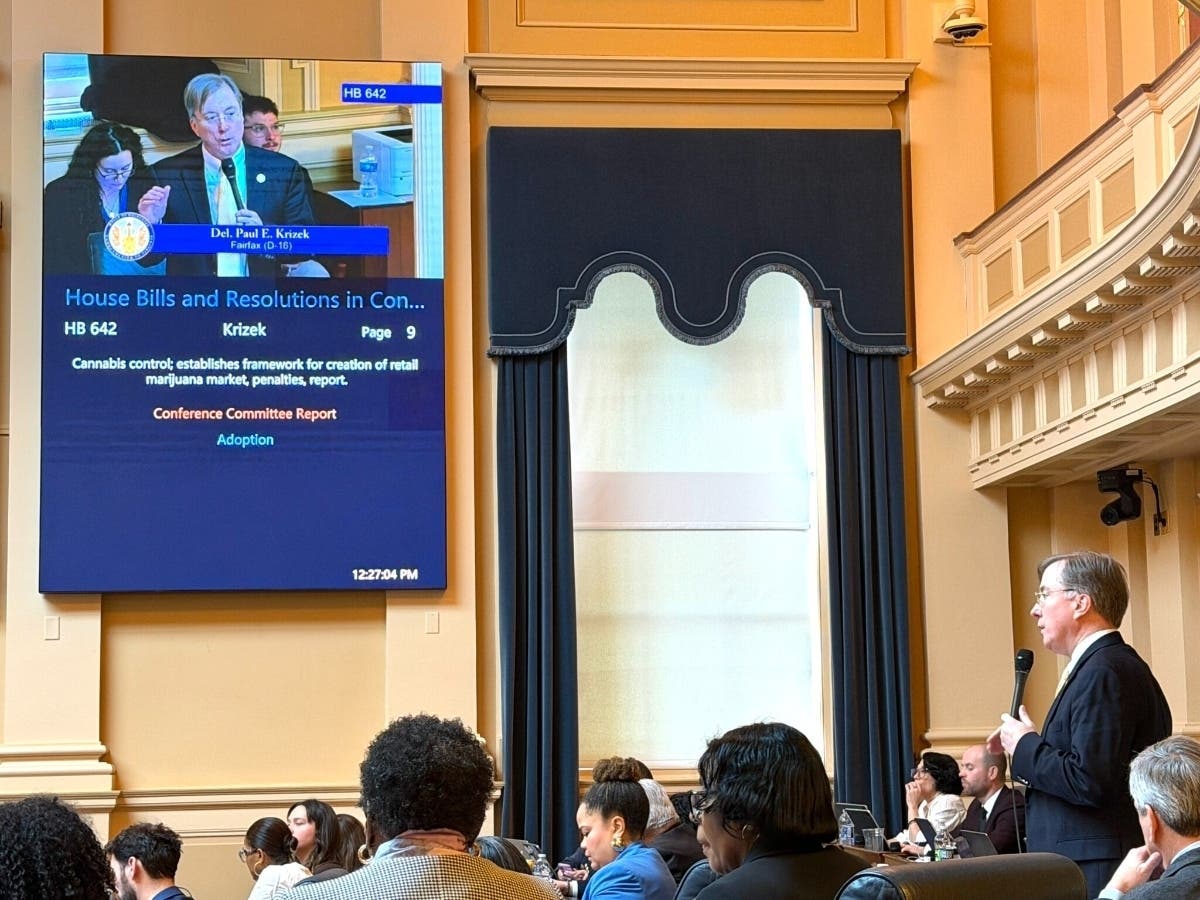 Del. Paul Krizek, D-Fairfax, speaks in support of his bill creating a legal adult-use marketplace for cannabis on the House floor on Saturday, March 14, 2026. 