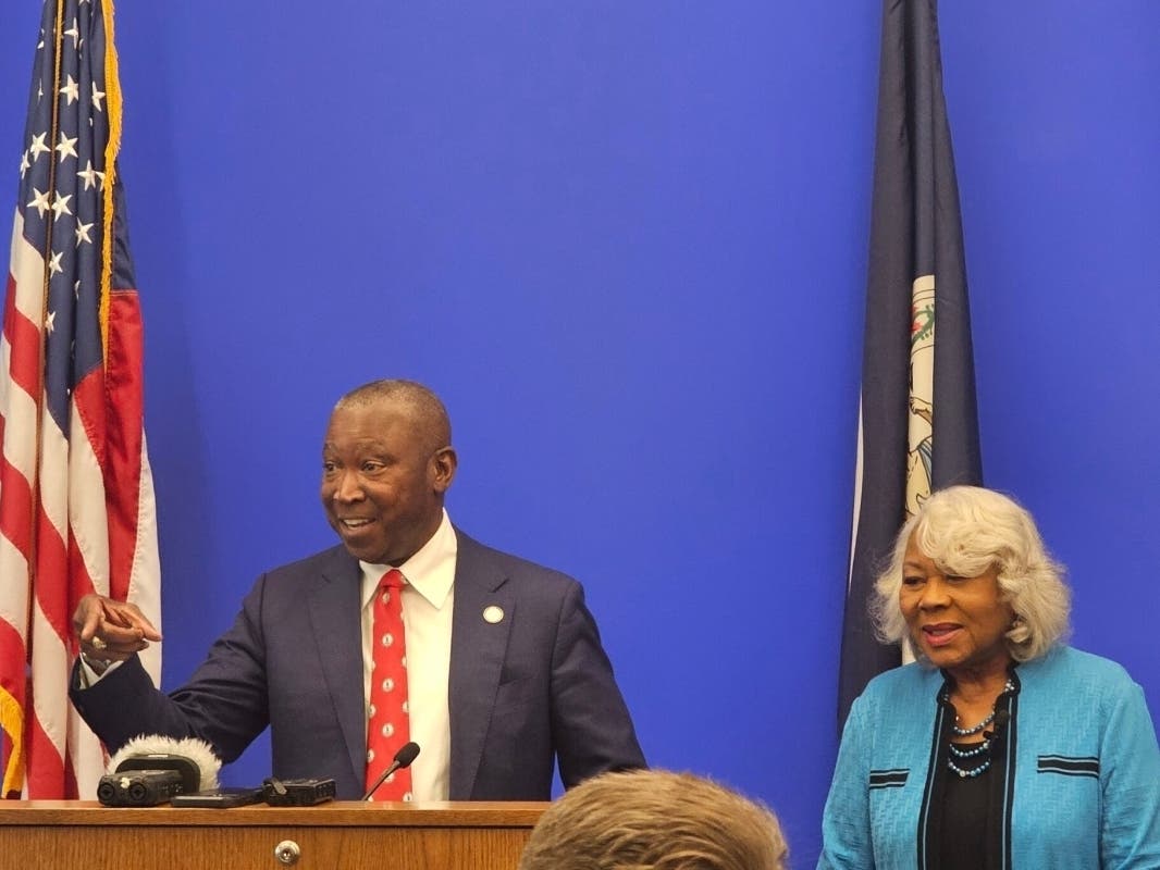 Virginia House Speaker Don Scott (left) and Senate President Pro Tempore Louise Lucas speak with reporters on Wednesday. 