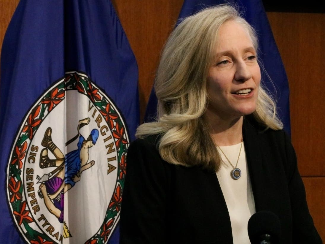 Virginia Gov. Abigail Spanberger speaks to press on April 27, 2026 at an event in Richmond touting policy accomplished during her first 100 days in office. 