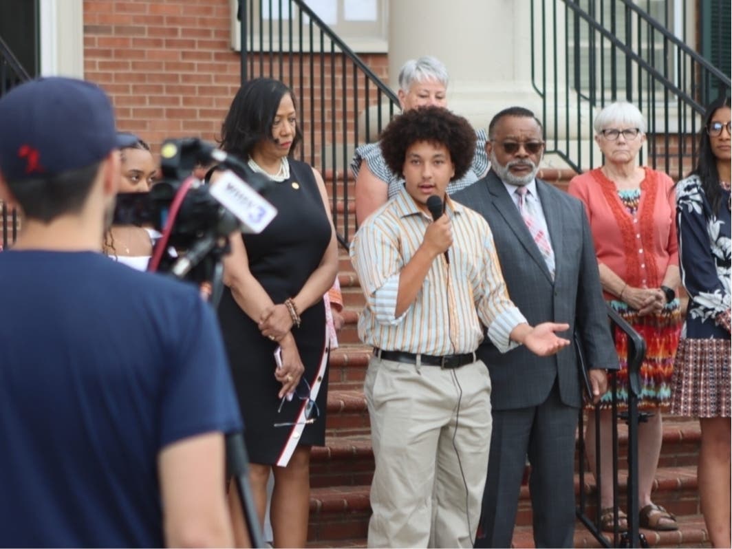 AD Carter, a former Shenandoah County Public Schools student, speaks in front of the Shenandoah County Circuit Court on June 11, 2024. Carter and other students sued the school board for reinstating Confederate names on several schools.