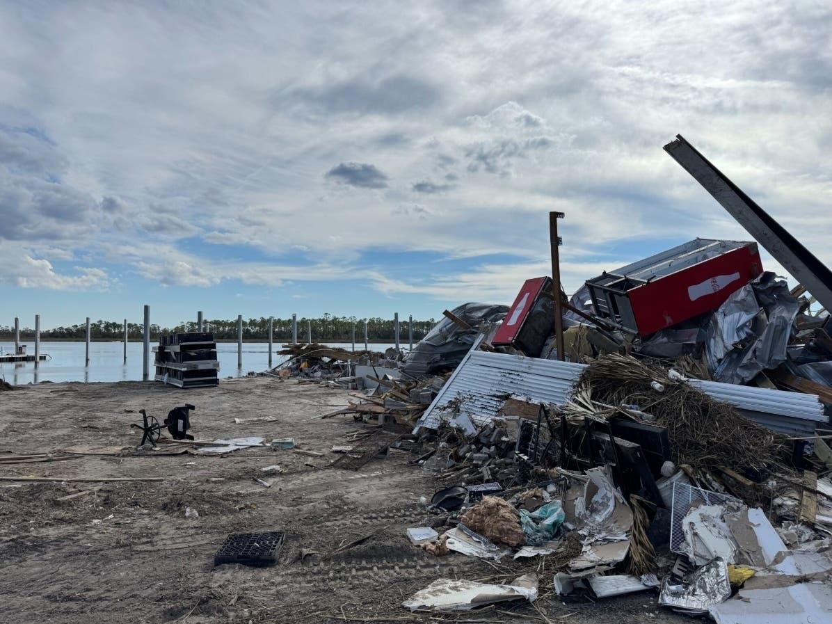 The coastline in Steinhatchee remains covered in debris on Oct. 3, 2024, following Hurricane Helene.