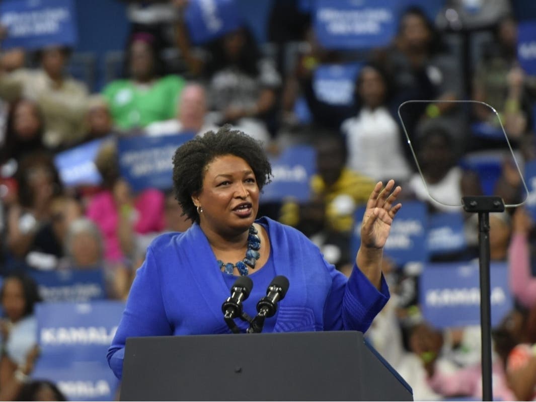 Stacey Abrams speaks at an Atlanta rally for Vice President Kamala Harris, July 30, 2024. 