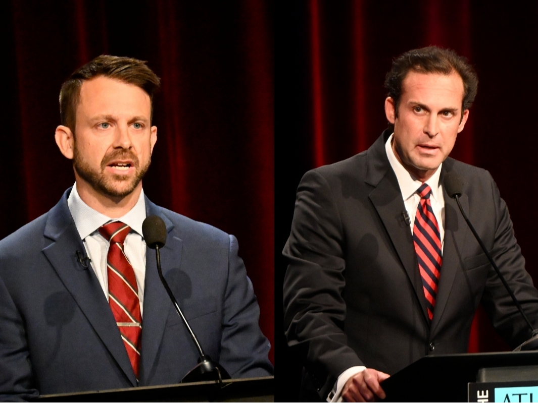 Josh Tolbert and Bobby Mehan, Republican candidates for Georgia’s District 5 Public Service Commission race, participate in the Loudermilk-Young Debate Series on Tuesday, April 28, 2026. 