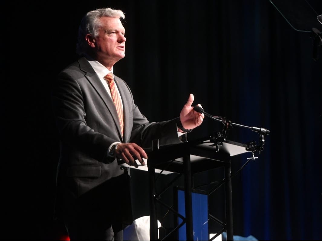  Republican U.S. Senate candidate Mike Collins speaks at a Georgia Chamber event in Athens, Aug. 5, 2026. 