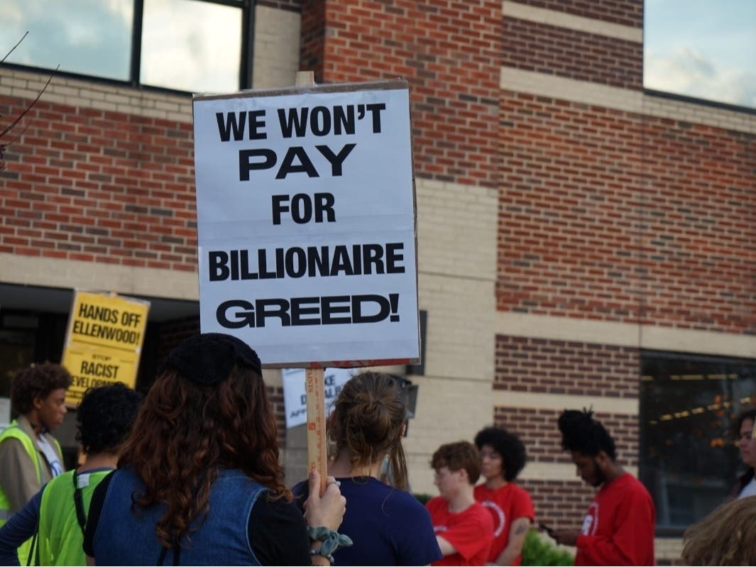 DeKalb County residents gathered before a county commission meeting on Nov. 20, 2025, to protest a data center proposal in Ellenwood.